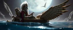 a fluffy quickling egyptian bald hat looks like the opposite of a vampire in bunad leaning on statue of twister interdimensional sci fi boat gliding through space waters under the biggest owl