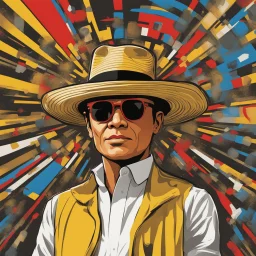 (Without glasses : 1.5) Gustavo Petro, comic style artwork, dark yellow, black, red and blue, with wide-brimmed hat, with white shirt, calm,