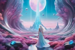 Futuristic landscape full of lustful pastel-colored nature. At the center of the scene are a man and a woman with long white hair, wearing long silver dresses decorated with brilliant precious stones