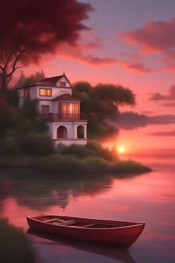 A charming villa, crimson sunset, a lone rowboat.