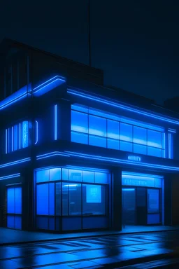 Dimly lit misty single story building with blue neon lights