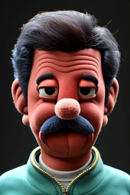 Waist up muppet Portrait, Nicolas maduro us muppet doll, black hair, Venezuelan president, tracksuit red blue, mustache, photo studio, yellow background, unreal engine 5, concept art, art station, ray tracing, lumen lighting, ultra detail, volumetric lighting, 3d.