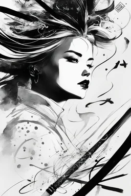 SNIFFIN’ GLUE magazine high res photo cover for special issue #666 (May 2035) on traditional calligraphy brush, expressive line, ink washed on a woman figure. a ray of light in a world plagued by chaos due to geopolitical tensions and global warming., [a lot of writing and table of content issues like indie magazines]