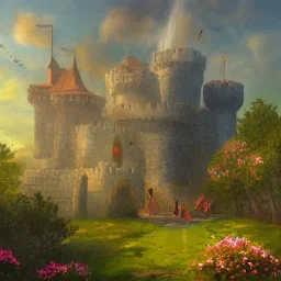  Castle into sky, with flowers of fire. Green clouds and birds. Shy girl going out of the main gate. Detailed painting, sharp color, medieval, intricate detail, far sceen, realistic colors, medieval concept art. spring.