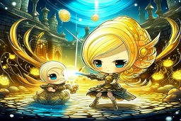 cute blonde chibi princess fighting with an ugly giant monster with a golden laser sabre, golden coin stacks, pond, in sunshine, H.R. Giger, anime, steampunk, surreal, watercolor and black in outlines, golden glitter, ethereal, cinematic postprocessing, bokeh, dof