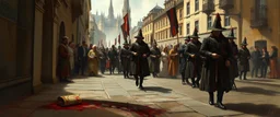 fantasy art, style of Rembrandt,Dead drop discovery: While walking, a party member stumbles upon a small, blood-stained package hidden in a gutter. It contains a coded message to a cult of the Dead Three. 9-10 Parade of the Patriars: A noble's procession blocks the street. The crowd is forced to bow, and guards roughly shove anyone who doesn't move quickly enough.