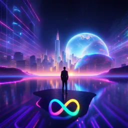 3D infinity symbol ∞, infinity figure-of-eight symbol is totally-symmetrical and brightly coloured, man silhouette facing epic scene of building, glowing earth, water, network and lights, exotic, inspiring, fantasy, neon, friendly, beautiful, octane render, 8k post-production, artstation: award-winning: atmospheric: commanding: fantastical: clarity: 16k: ultra quality: striking: brilliance: liquid medium: stunning colors: amazing depth; lens: f/8, 28mm