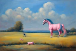 Big pink toy horse.19th painting