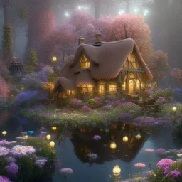 high-quality, fine-detail whimsical magical cottage with a clear, reflective lake, flowers, butterflies, small globes of iridescent light, tranquil, gorgeous, 8k resolution, 3D octane render, intricate, sharp, crisp, digital art, detailed matte, volumetric lighting, George Grie, Anne Dittman, Anne Stokes, Lisa Parker, Selina French, Alphonese Mucha