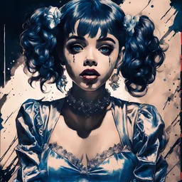 Poster in two gradually, a one side the Singer Melanie Martinez face, full body, sit pose, painting by Yoji Shinkawa, darkblue and sepia tones,sinister, detailed iridescent, metallic, translucent, dramatic lighting, hyper futuristic, digital art, shot with Sony Alpha a9 Il and Sony FE 200-600mm f/5.6-6.3 G OSS lens, natural light, hyper realistic photograph, ultra detailed -ar 3:2 -q 2 -s 750,malevolent goth vampire girl face and other side