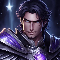 A dark-haired, ruggedly handsome man in his 30s with glowing purple eyes, he wears heavy silver armor with an indigo sash with a star motif. He is a twilight cleric of Selune, wielding a shield and a mace. Close-up portrait, at dawn.