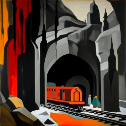 A gray train in a cavern filled with lava painted by Stuart Davis