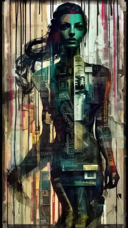Russ Mills, byroglyphics style art, backdrop, mixed media, double exposure, pen and ink, broad energetic brushstrokes, palette knife, chaotic collage, cardboard, newspaper, torn paper, gauze, broken glass, graphic image, subdued natural color, intensely passionate, full body, eerie, slim cyberpunk woman with long braided hair of Spanish and Lebanese heritage, beauty in chaos