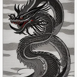 Ukiyo-e styled art, black and white picture with a red eastern dragon