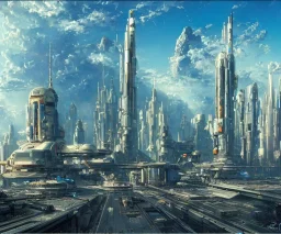 Space Center on a heavy industrialized planet with a futuristic city in the background, (retrofuturistic:2), art by John Berkey, buildings with glass facades, brutalist architecture, insanely detailed, vibrant, 8k uhd, cinematic atmosphere, ultra-wide angle, street level view, brush strokes, blue sky with clouds, sharp focus