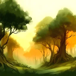 a drawing of trees in a landscape, in the style of storybook illustration, atmospheric color washes, light orange and dark green, flowing brushwork, fantasy illustrated, children's book illustrations, rough-edged 2d animation