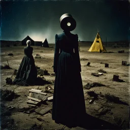 Photorealistic polaroid nothingness and distressing anguish old wooden figure wasteland night, Joan Miró, Hieronymus Bosch, shot on Hasselblad, movie shot, details of the dress accentuated, hypnotic, obsessive, nightmare, hypermaximalist, obsessive, hypnotic