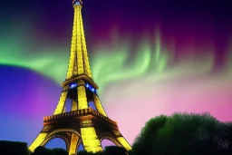 Eiffel tower made from glass , aurora & flying cars