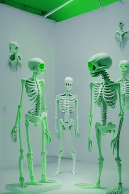 An exhibition of aliens with a white wall and green skeletons for aliens