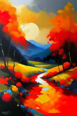 Create a cohesive painting that uses the colors red, orange, yellow, blue, black. Make it a landscape