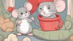 fantasy cartoon style illustration: red mitten with a little gray cute mouse peeking out