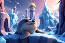 seal character in worms game crawling through 2d platformer with frozen artic jungle with weird alien towers gets torn apart under him, in the style of Pixar, expertly crafted in a whimsical and vibrant cartoon style. is masterfully rendered in a lifelike 3D design, which captivates viewers with there irresistible charm.