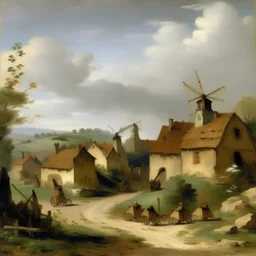 A village with windmills painted by Gustave Courbet