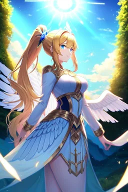 girl, masterpiece, best quality, cinematic lighting, detailed outfit, vibrant colors, perfect eyes, golden hair, long hair, ponytail, blue eyes, valkyrie, halo, white wings, landscape, sun, light rays, god rays, lens flare,