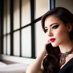 30 aged girl with pretty make up,big boobs,standing in victorial hall next to window with nice shoes ,perfect nice body shape ((Full Picture)), necklace, perfect face, perfect eyes, perfect lips, perfect nose, Sitting on ((Sofa)), UHD, intricate details, sharp focus, depth of field, volumetric lighting, fantasy colorful majestic dress