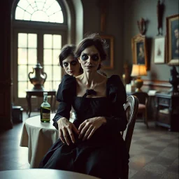 Persons flash photo, 1980 horror movieshot, sitting on a chair, table, bottle, eaging, dine, odd objects in background, persone con sorriso falso e occhi grandi, tenebroso, macabro, interno museo, fiotti di liquido nero che zampillano, hypermaximalist, Hieronymus Bosch style, strangeness, sundial light, intricate, albero, hypnotic, very accentuated details of the dress and skin, eerily mysterious, artistic photo, shot on Hasselblad, sadness, follia