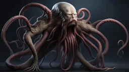 from the back a sad fantasy monster with many tentacles, sad pose, scary creature without face and without eyes, with big mouth, full length, full body without legs, very detailed, intricate insanely, Hyperrealism, photorealistic, natural volumetric light, dark fantasy style, photo style