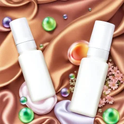 two cosmetics bottles are on a silk fabric, behind a beautiful floral spring floral background, the picture is top view, in the background there are beautiful soap bubbles, molecules and honeycombs, high-quality picture, top view