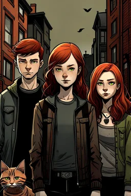 Low, chubby, redhead teenage boy on the left; in the centre, a tall, punk girl with brown hair; second redhead teenage boy on the right. The black cat is next to the girl in the centre. graphic style, Margot Robbie style, town street, mysterious mood,