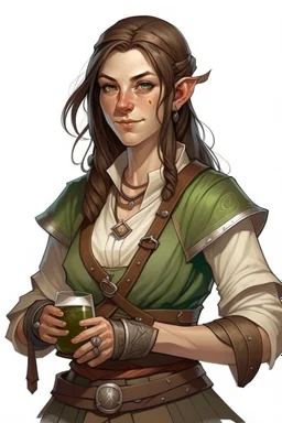 old female half elf tavern owner fighter with brown hair dnd