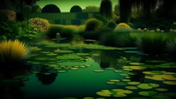 Contemplative, dreamy and realist photo of a technological garden with a lake. Shapes are geometric, grainy and with a little blur. Colors are dark blue, golden brown and electric green.