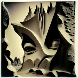 Polaroid close-up photo of a odd shapes, bas-relief, decal, very spooky figure, intricate, rock formations, Yves Tanguy, thoughtful, interesting, a bit appalling, smooth