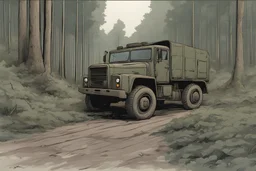 Military truck on a road, forest, overgrown apocalyptic, comic book,