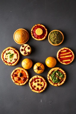 The nine planets of the solar system in the shape of 9 Pizzas