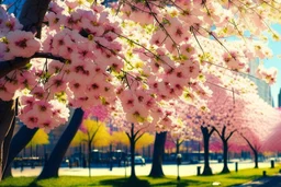 city, flowers, trees, sunny day, spring