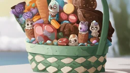 Fantasy cartoon illustration: a basket full of chocolate treats