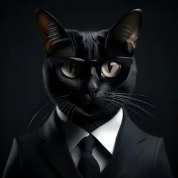 black cat with glasses, suit and human body
