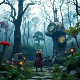 Scene from a modern fantasy live-action movie featuring the "Garden of Practicality", the Clockwork Forest Realm of Ix Chel, Cyberpunk style.