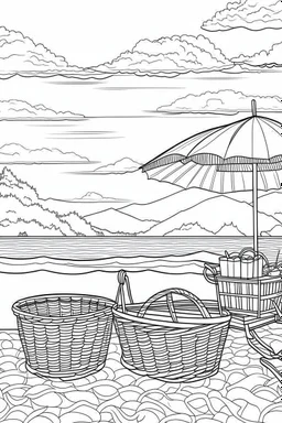 Outline art for coloring page, LARGE SQUARE PICNIC BASKET WITH TWO HANDLES, TALL BEACH UMBRELLA, HAWAII BEACH, VOLCANO ISLANDS IN THE DISTANCE, coloring page, white background, Sketch style, only use outline, clean line art, white background, no shadows, no shading, no color, clear