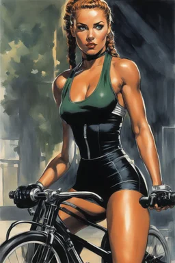 a Celtic girl with braids in a dark tight sport outfit, she does gym on a training bike, panting [Paul Gulacy, Black Widow Portfolio (SQ Productions, 1982)]