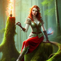 romantic fantasy spray painting, portrait of cute smiling green eyed red head robed elf poet with cute ornament,sitting on a branch, loosing torch in magical forest by waterfall