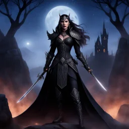 the mystical vampire huntress adopts a powerful posture, her form shrouded in mystery as she stands against her foes. With an over-the-shoulder view, her bespoke warrior ensemble decorated with onyx tracery and darkness symbols shimmers under starlight, throwing spectral forms across the landscape. In this imposing Victory Position, she reveals her commanding nature through her midnight warrior garb and bearing, embodying her might and self-assurance in instances of crisis.