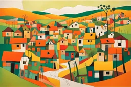 whimsical arafed nonsense, patchwork vibe, acrylic and ink painting of a cozy village main street on undulating hills with color (((minimal))) sketches of village people with (((extremely long limbs))), (((oversize head))), sharp color contrasts, amazing shadows, (((exaggerated limbs and head))), minimal cozy, warm palette, bright bold warm summer green yellow orange black colors, color leak, heavily distorted views, amazing parallels, amazing reflections