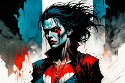 create a highly ethereal, darkly sinister full body portrait illustration of a ragged Brujah female vampire , with highly detailed and deeply cut facial features, in the comic art style of FRANK MILLER and BILL SIENKIEWICZ, searing lines and forceful strokes, precisely drawn, boldly inked, with vibrant colors, dramatic otherworldly lighting