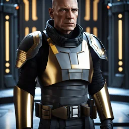 star wars bald male corellian pilot wearing pearlescent black and gunmetal grey First Order special forces heavy assault armor and helmet with gold trim inside the jedi temple, centered portrait, hyperdetailed, dynamic lighting, hyperdetailed background, 8k resolution, volumetric lighting, light skin, fully symmetric details