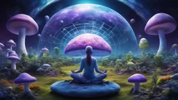 vegetable plantations in domes, colonization of the planet, beautiful women sitting without bro meditating on blue, purple mushroom in space,